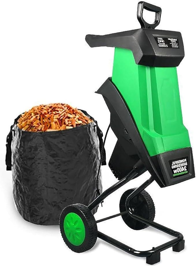 Kabelgebundener 60-Liter-Elektrohäcksler für den Garten, Garten-Asthäcksler, 2800-W-Elektro-Laubbäcksler mit Transporträdern/Laubsack, geeignet für Garten, Hinterhof,Green