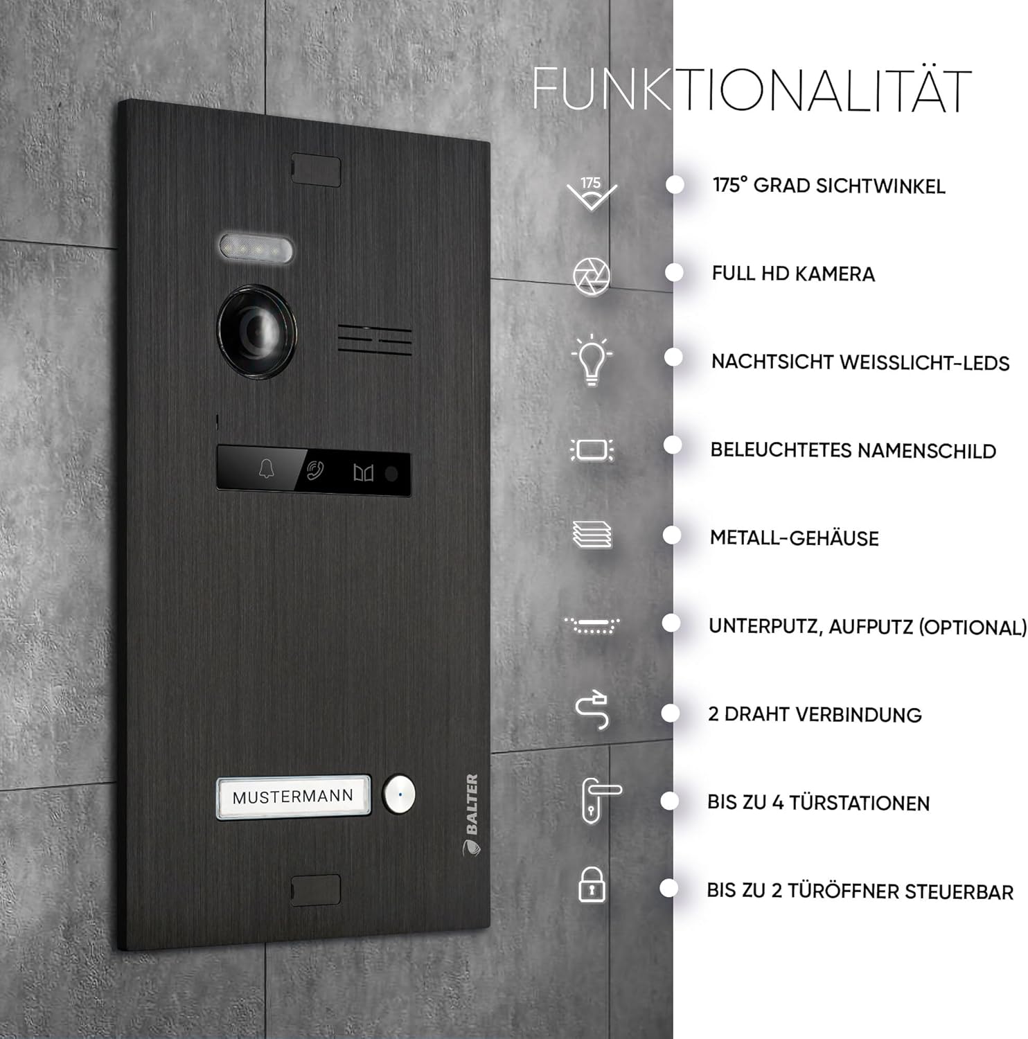 BALTER EVO-HD Video Türsprechanlage, 1 Familienhausklingel, 2 x 7 Zoll HD Monitore, Full HD Kamera – Bild 6