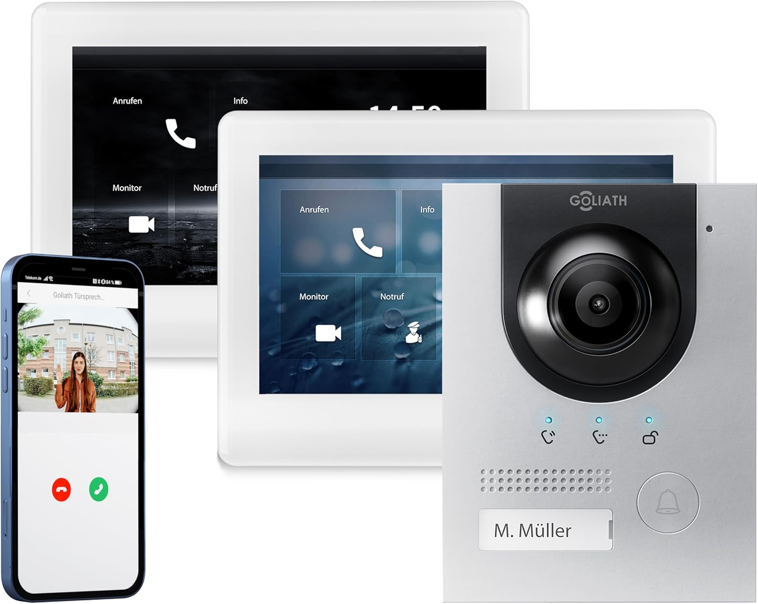 GOLIATH AV-BUS-116 Full HD Video Türsprechanlage 1 Familienhaus Set, 2 x Touchscreen Monitore